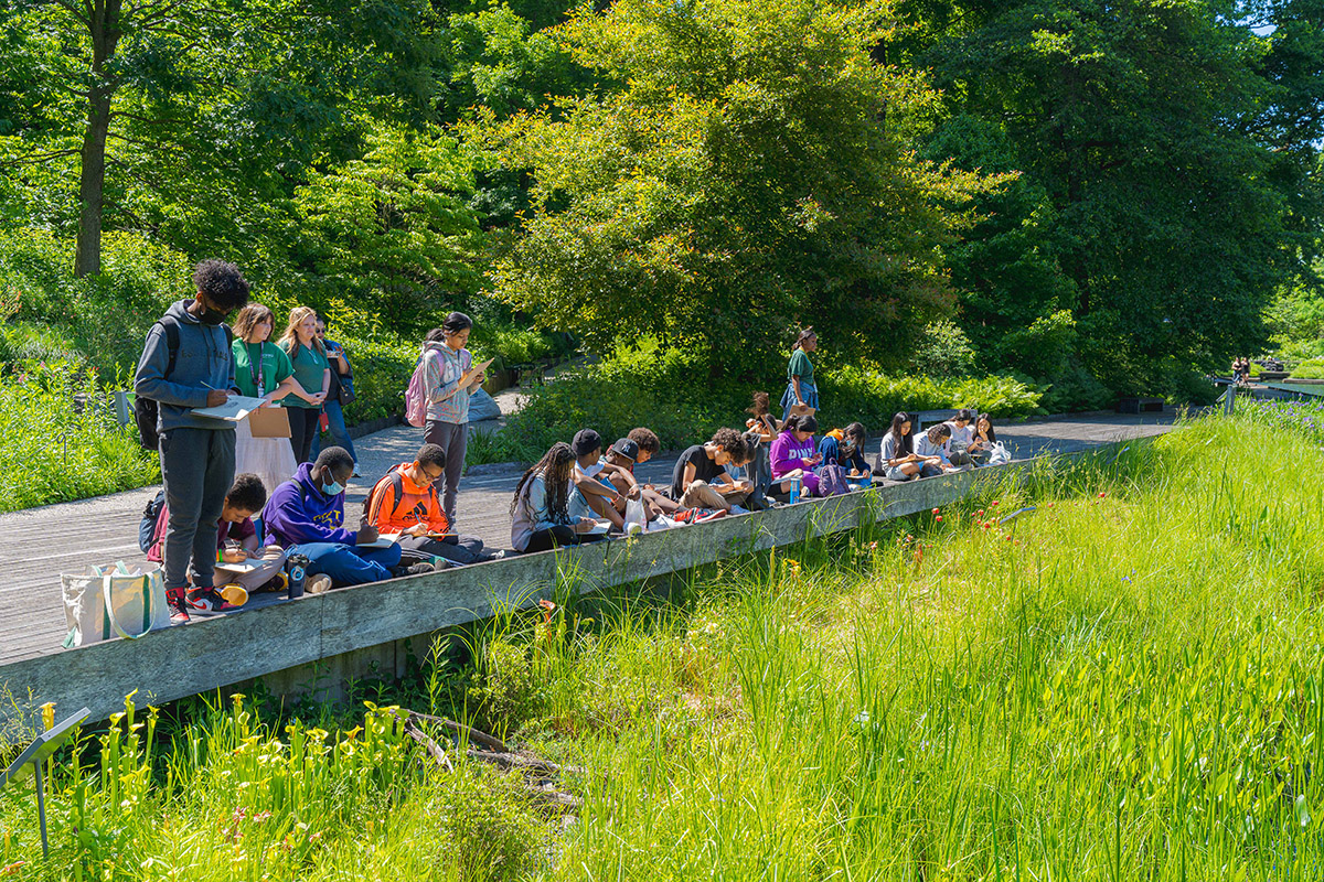 A class of students takes a tour through a sunny outdoor green space.