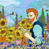 An illustration of a person with red hair and a beard holding yellow sunflowers